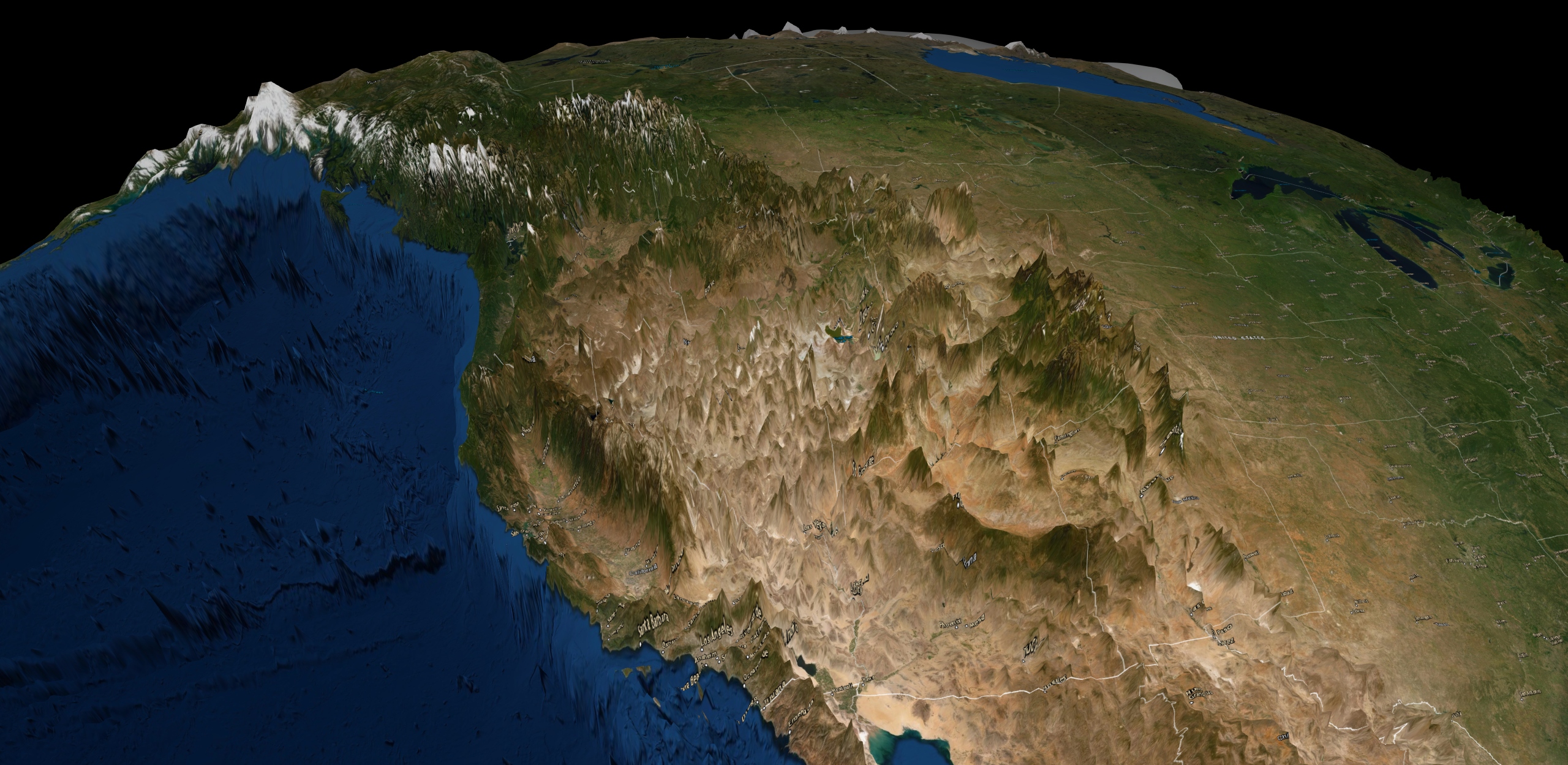 Screenshot created from app of elevation exaggeration around California